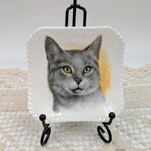 Vintage Royal Adderley Porcelain Trinket Dish with Gray Shorthair Cat